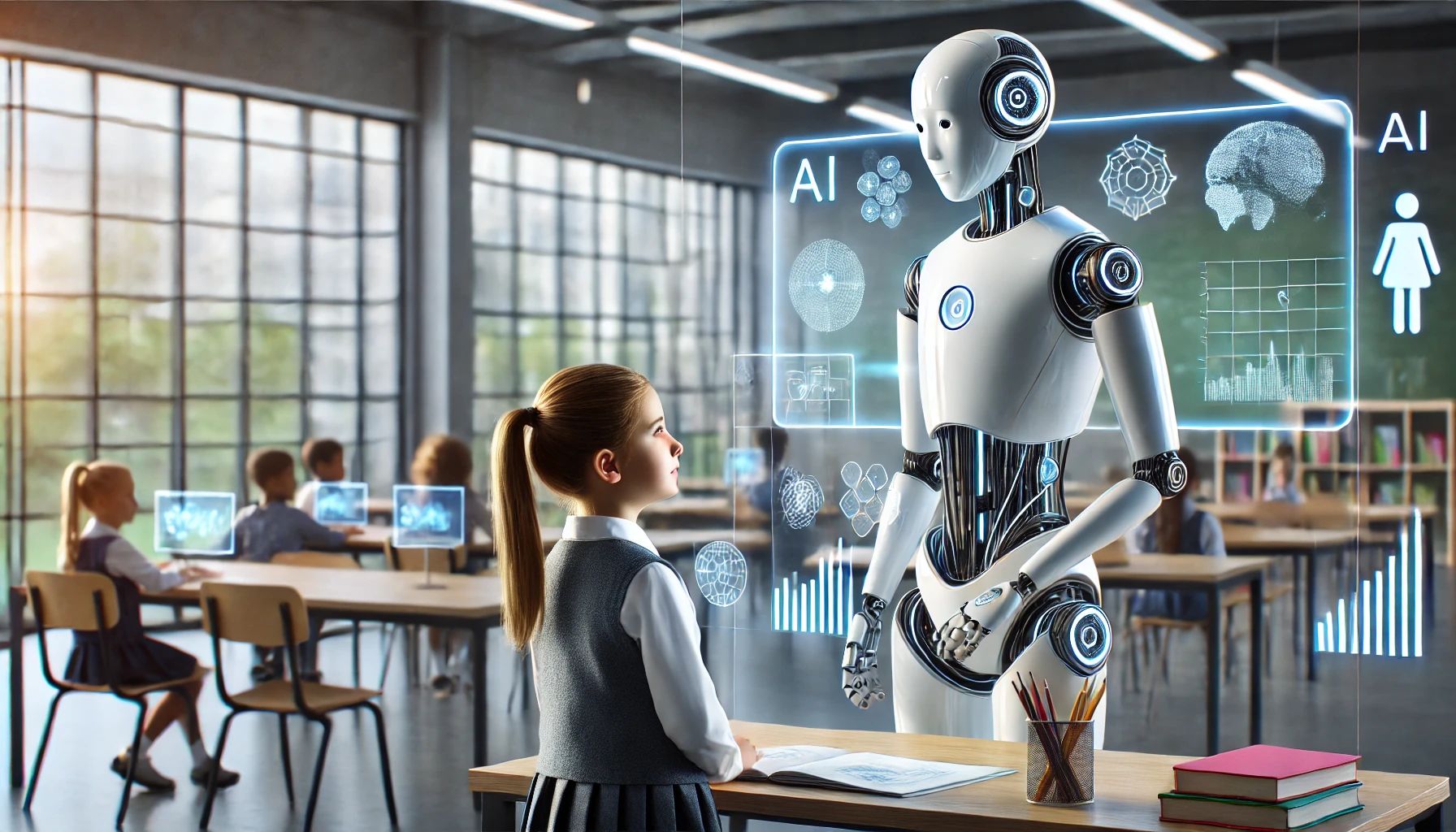Girl being taught by an artificial intelligence robot
